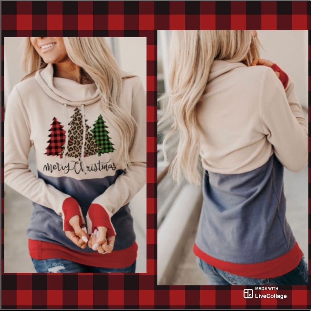 ⭐️HPx3🎄⚠️ Merry Christmas Trees Hoodie w/ Thumb Holes•Plaid & Leopard - Picture 2 of 7